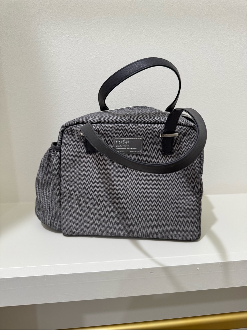Fit+Fresh Gray Herringbone Lunch Tote with Black Handles